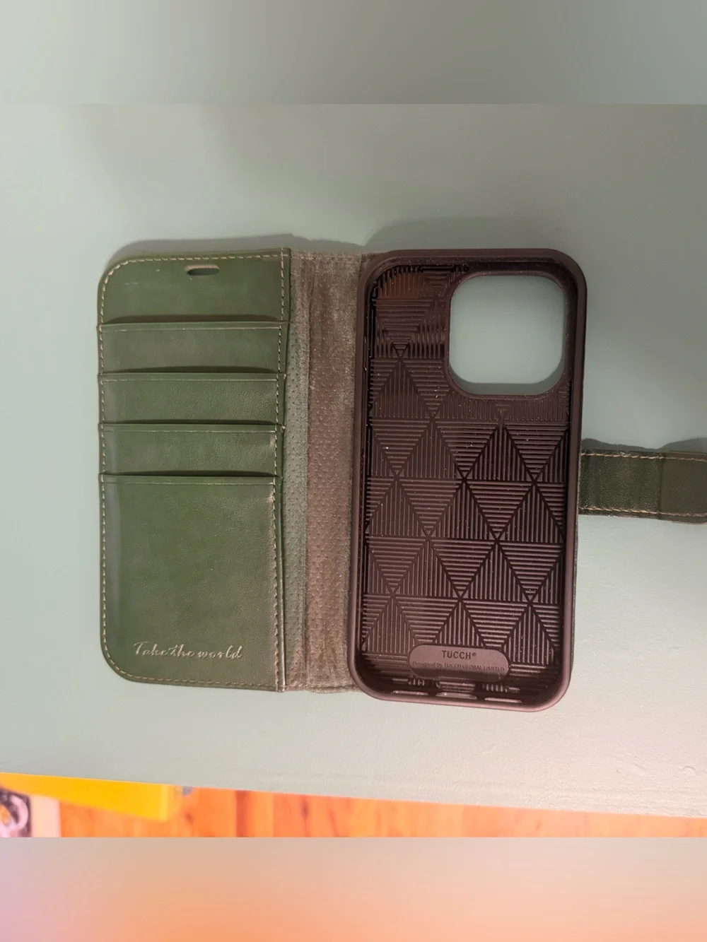TUCCH iPhone 14 Pro Wallet Case Green leather like card holder